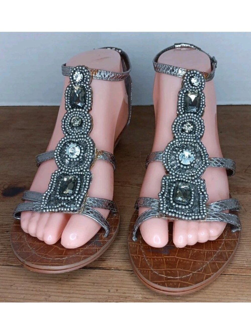 Sam Edelman Daley Sandal Womens 7.5 Silver Bling Rhinestone Beaded Summer Vacay - Picture 2 of 8